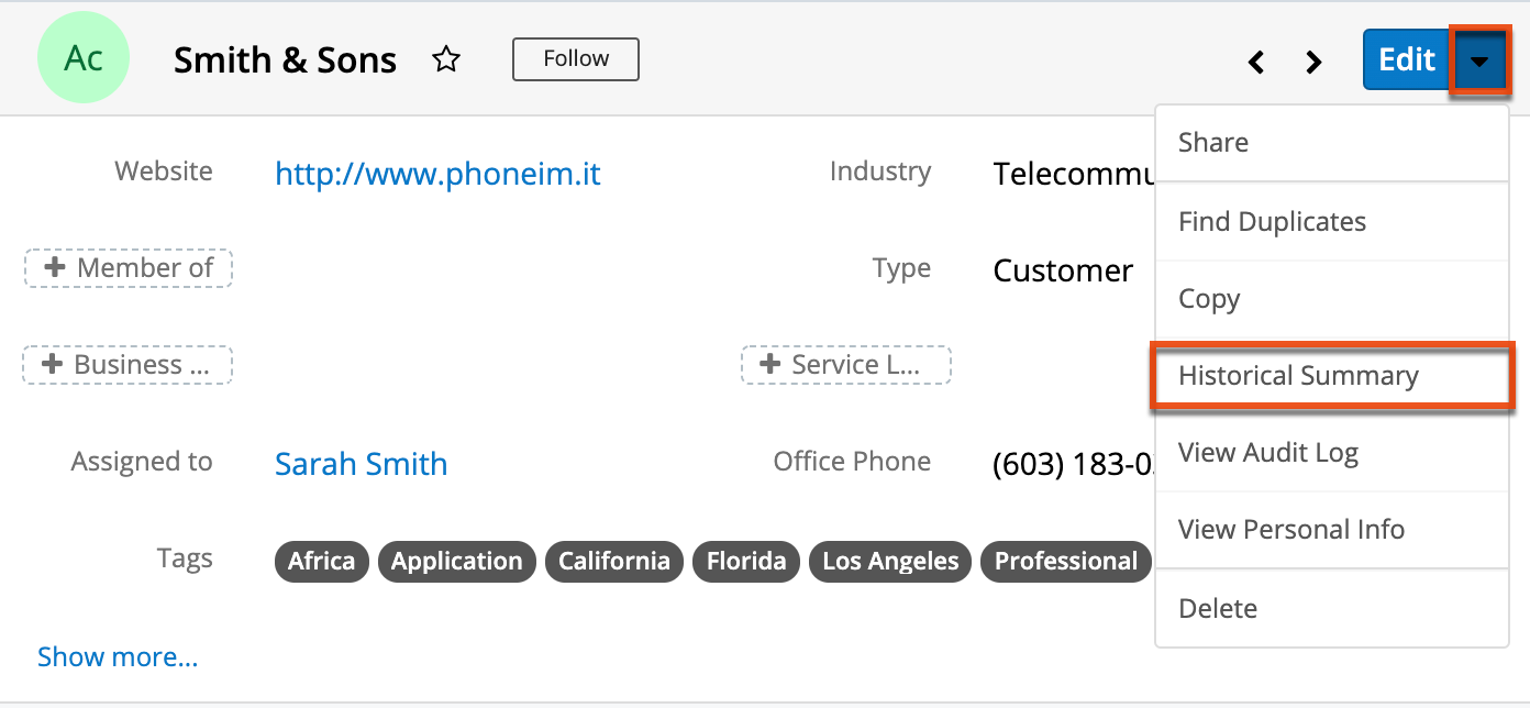 UI RecordView ActionsMenu HistoricalSummary
