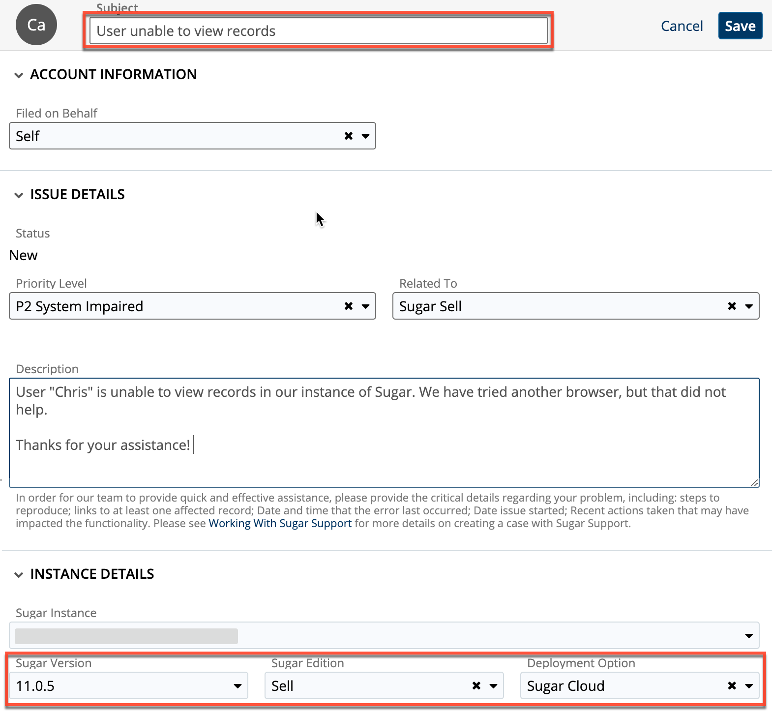 SupportPortal CreateCase RecordView