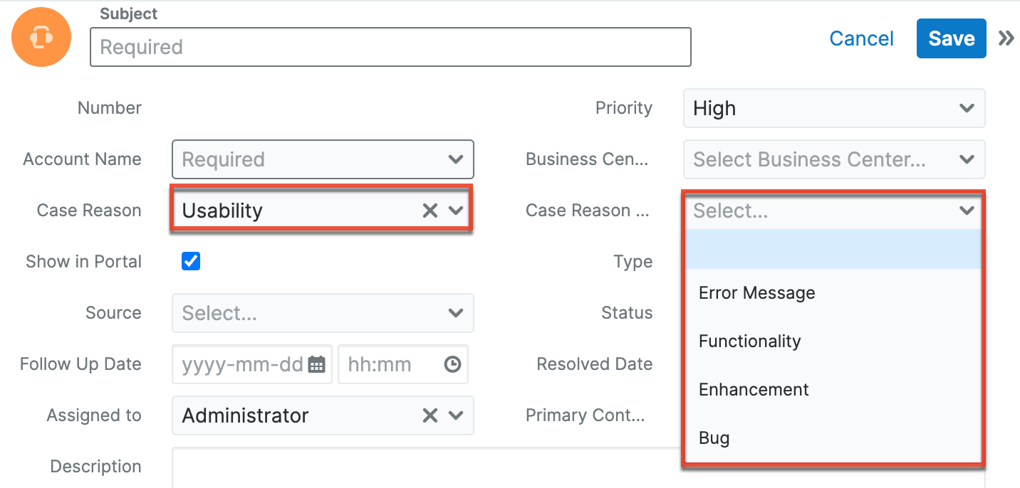 Case dropdowns shown