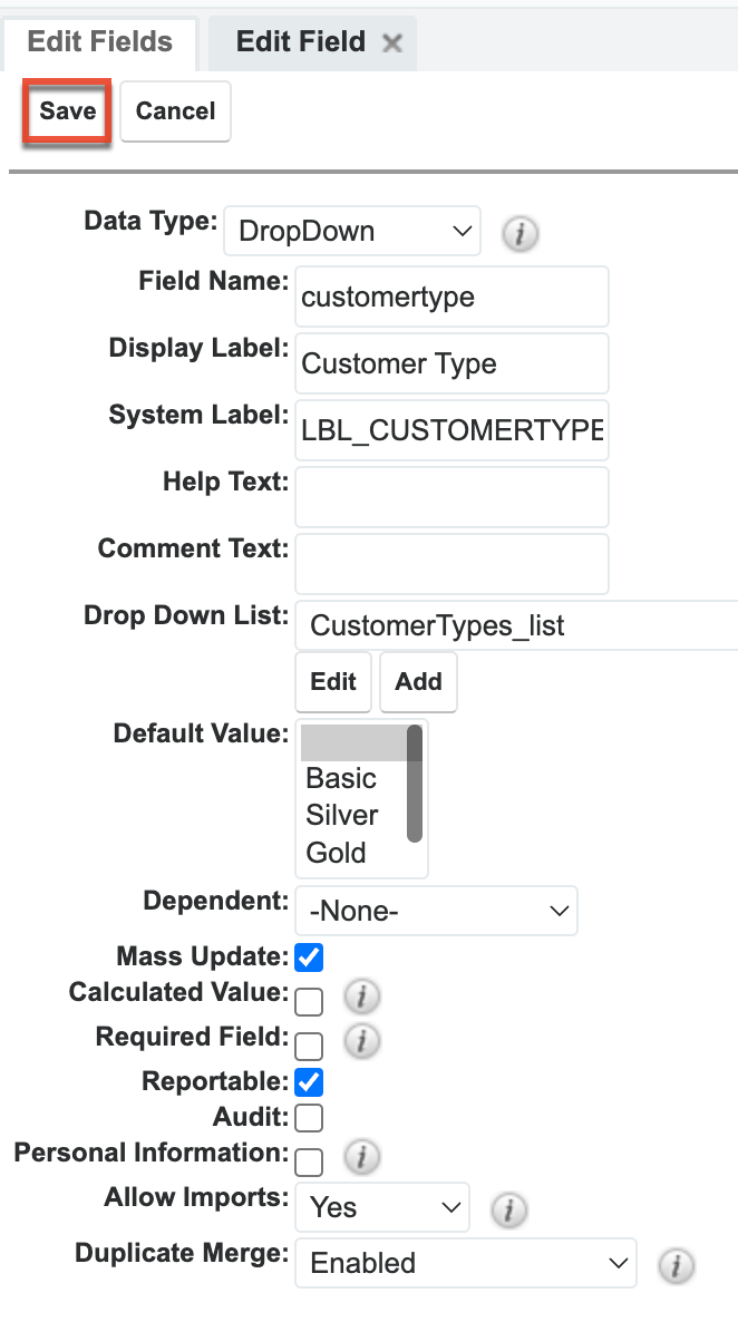 Save the Customer Types field