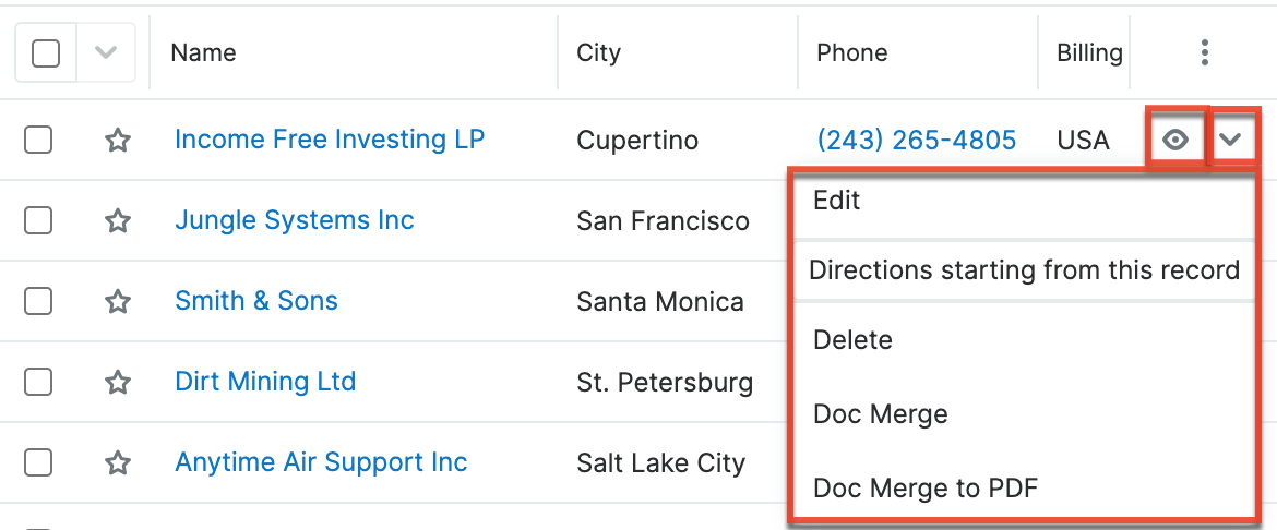 Accounts ListView RecordActionsMenu