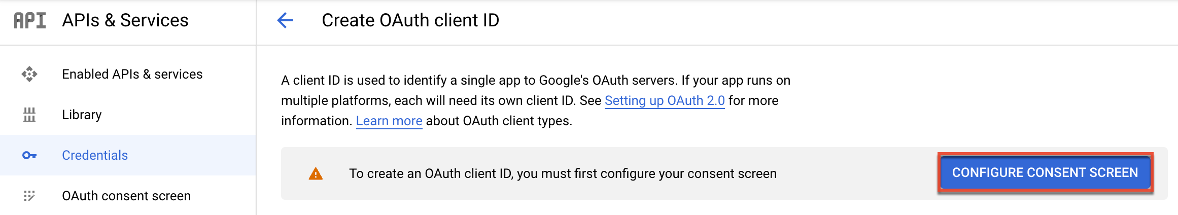 Configure consent screen button
