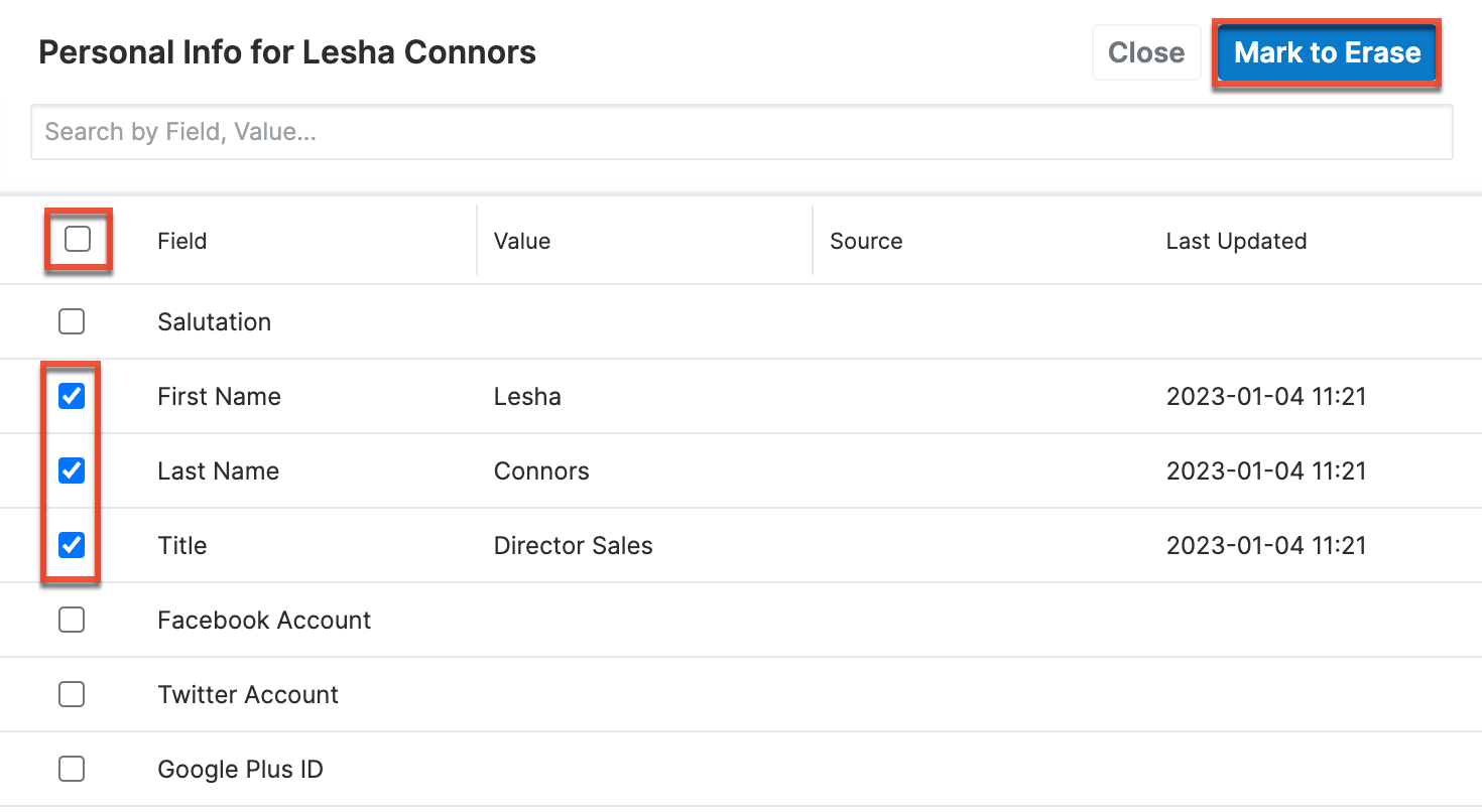 Enable checkboxes to erase data