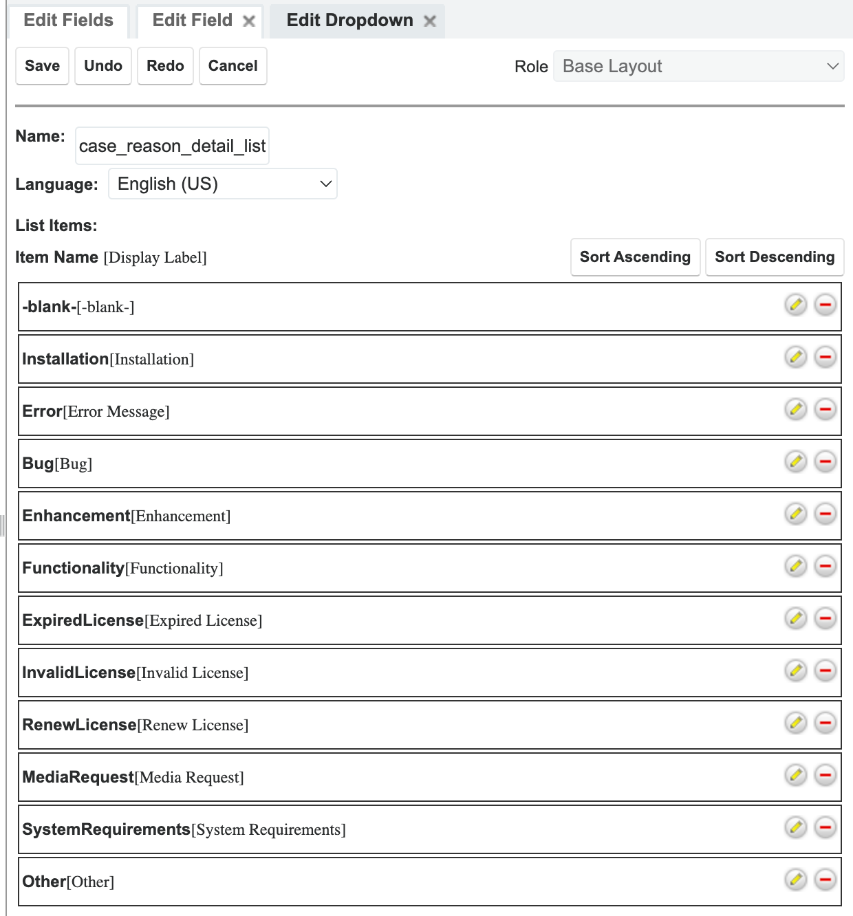 Case Reason Detail list options