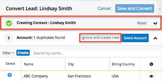 Accounts Leads Convert CreateNew