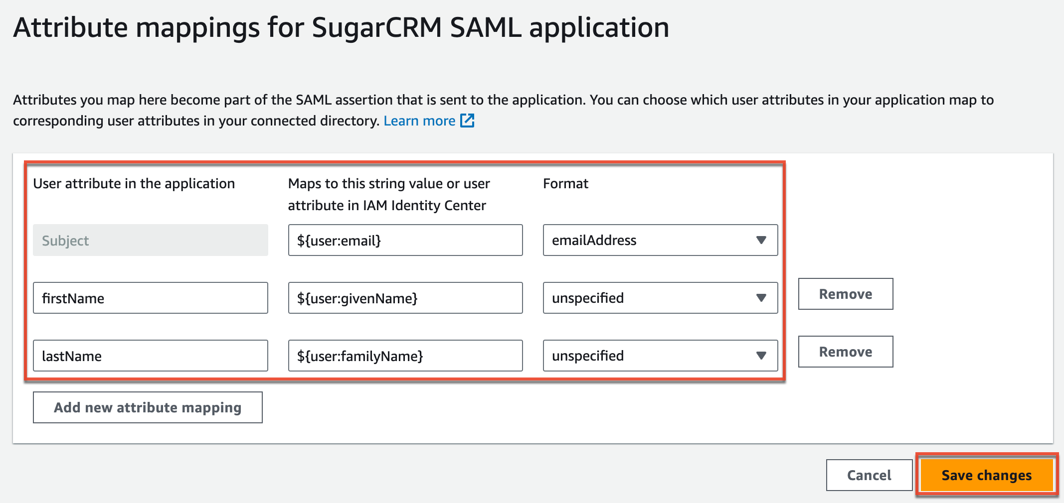 ConfiguringSAMLAttributeMappingforSugarIdentity_MappingAttributesforAWSIAMIdentityCenter