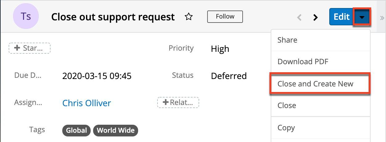 Tasks RV ActionsMenu CloseAndCreateNew