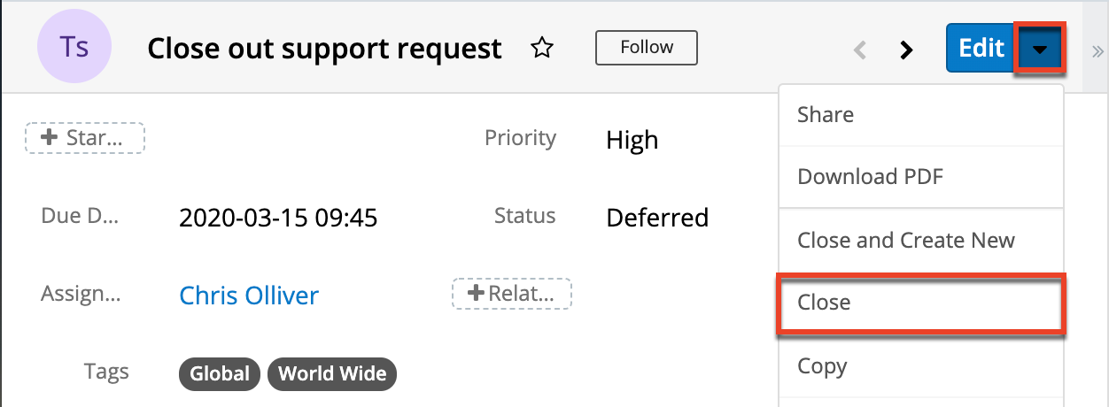 Tasks RV ActionsMenu Close