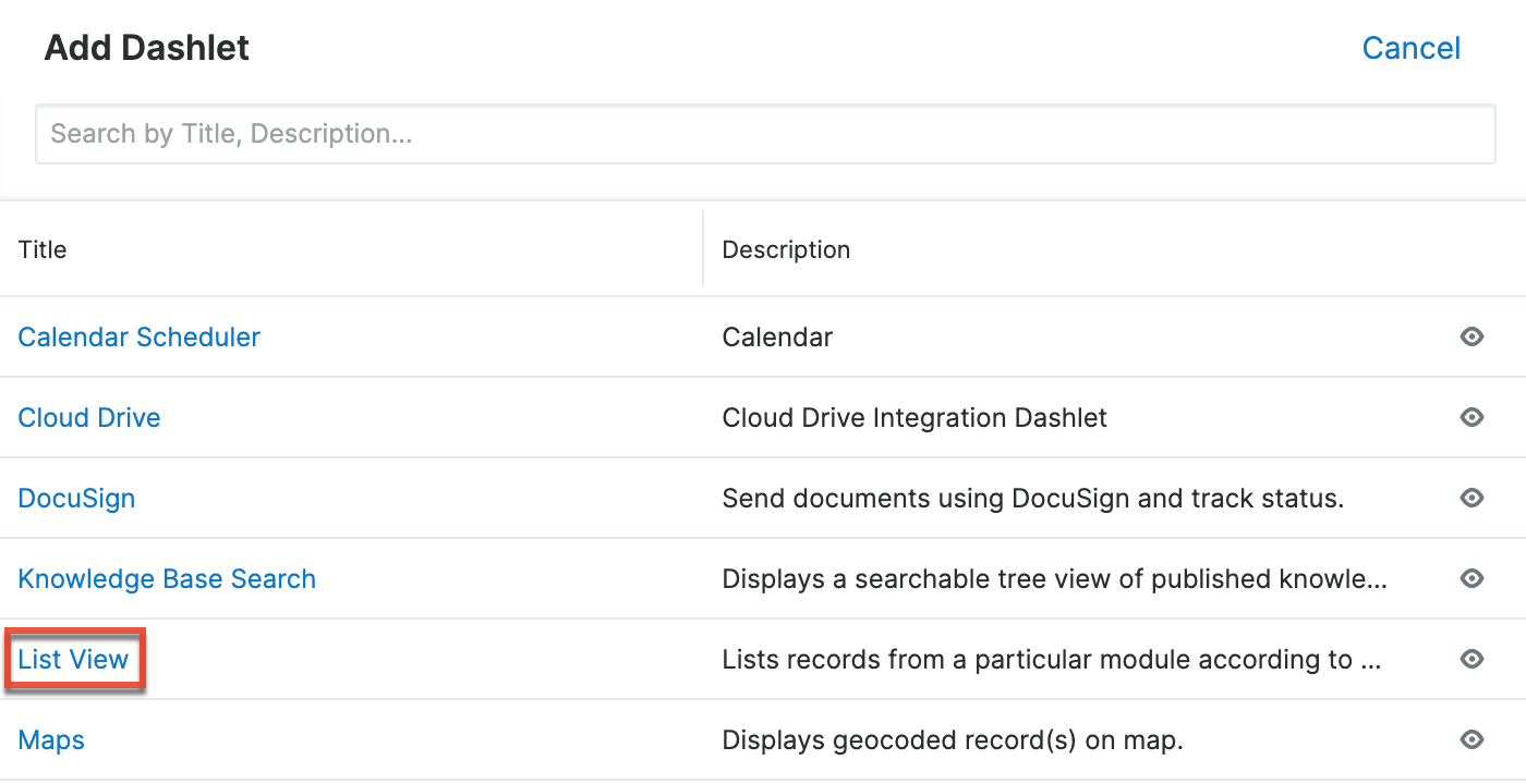 Add List View dashlet