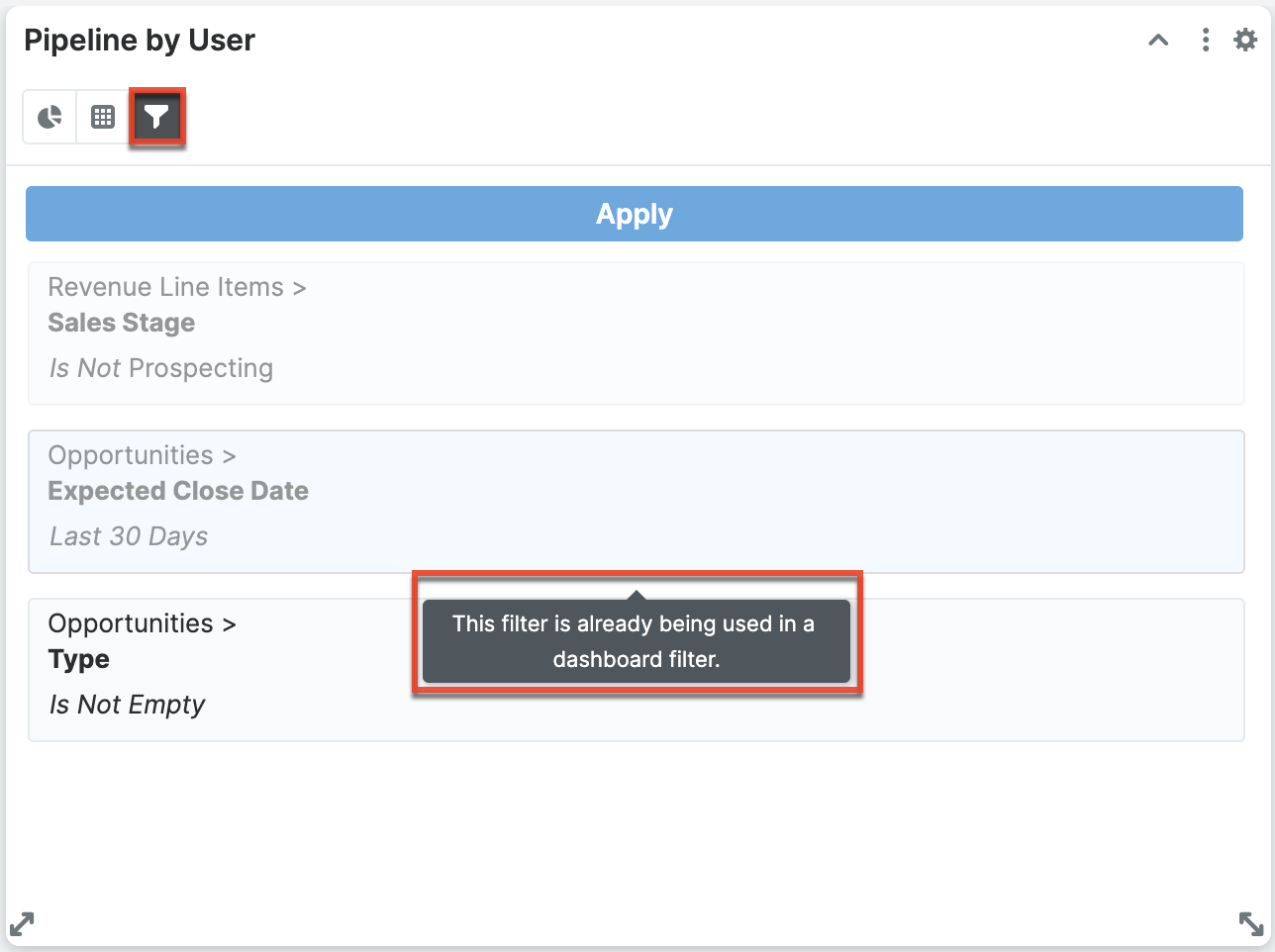 Run time filter unavailable due to dashboard filter