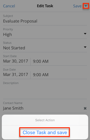 Mobile Tasks CloseTaskAndSave