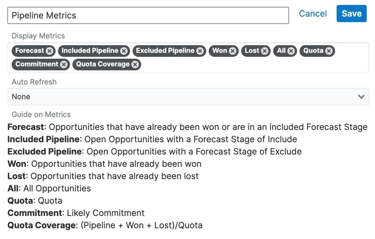 pipeline metric dashlet configuration