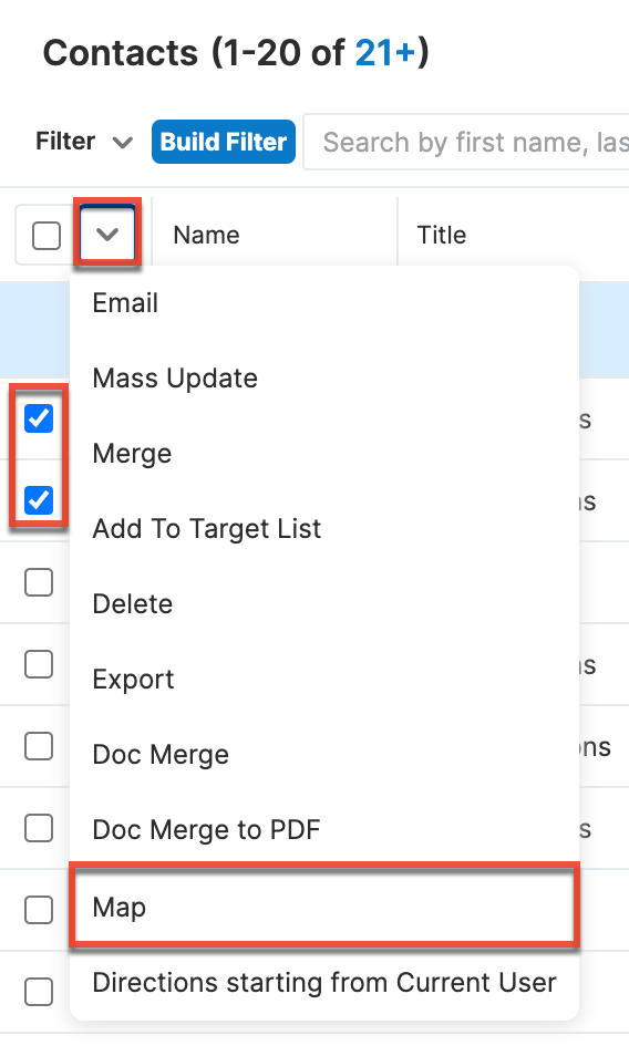 List view mass Actions menu map