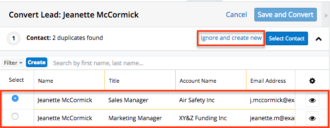 Contacts LeadConversion IgnoreCreateNew