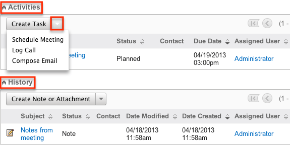 Proj Task history:activities SPs