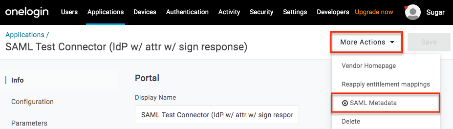 OneLogin SAML MoreActionsMenu