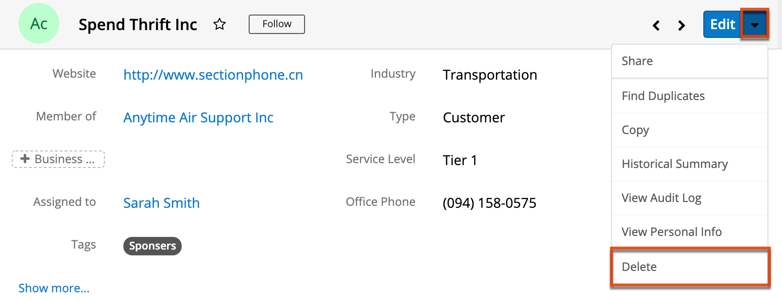 UI RecordView Delete