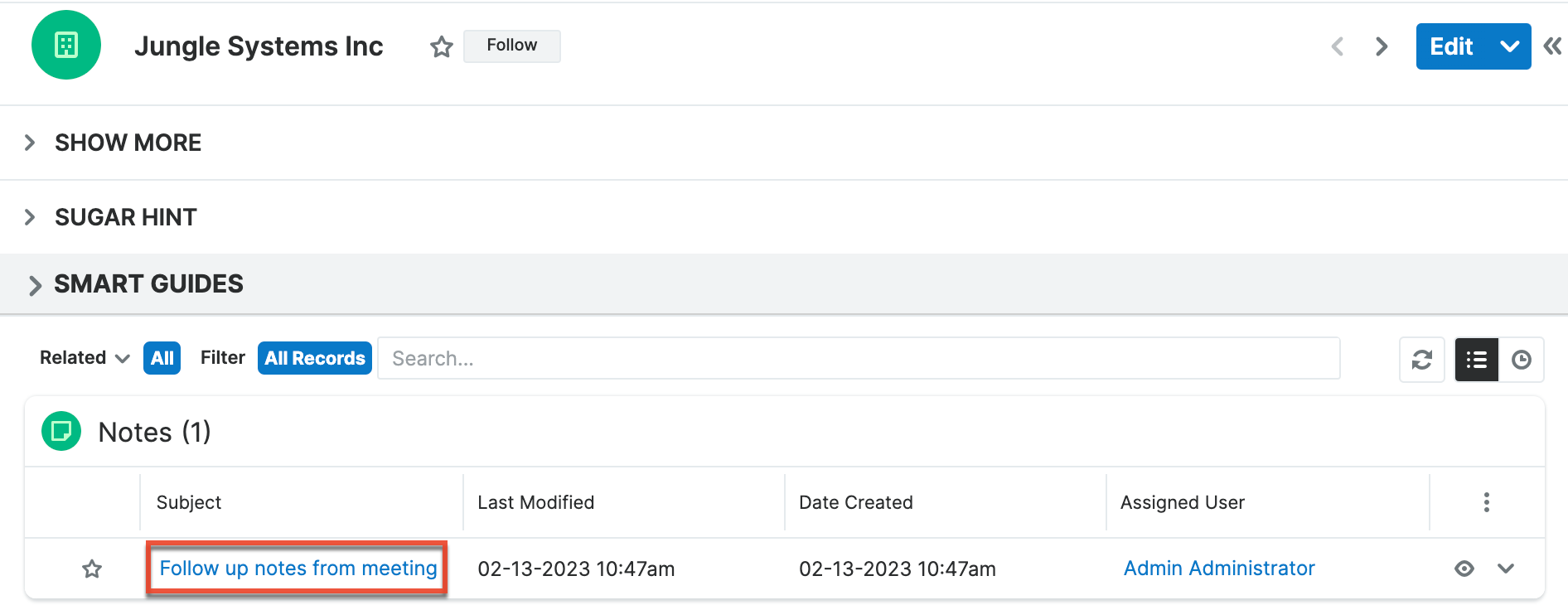 Note record in subpanel