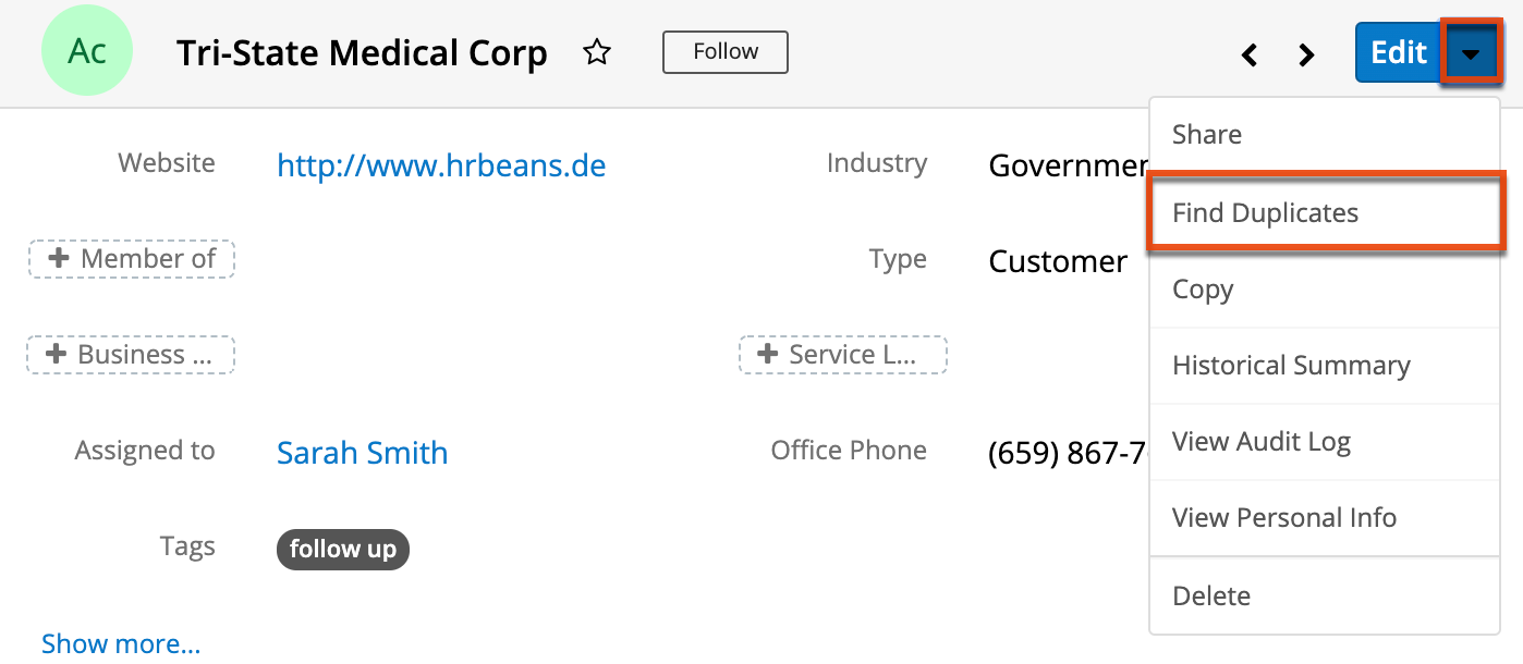 UI RecordView ActionsMenu FindDuplicates