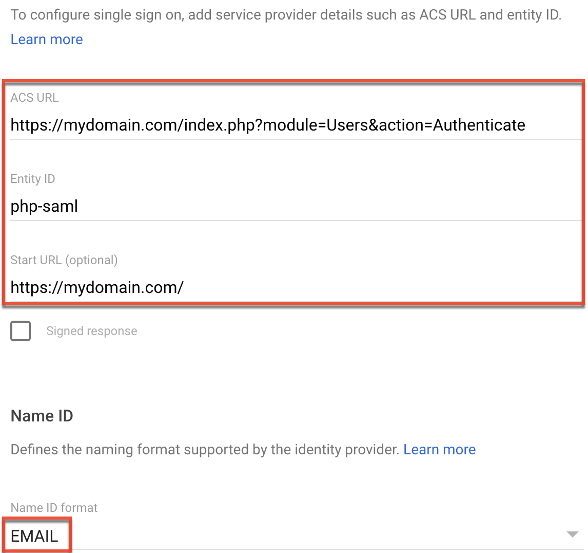 GoogleSSO Service ProviderDetails Sugar1