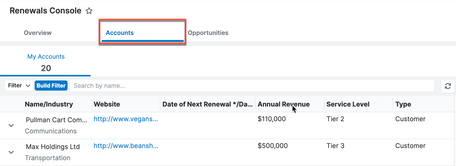RenewalsConsole AccountsTab