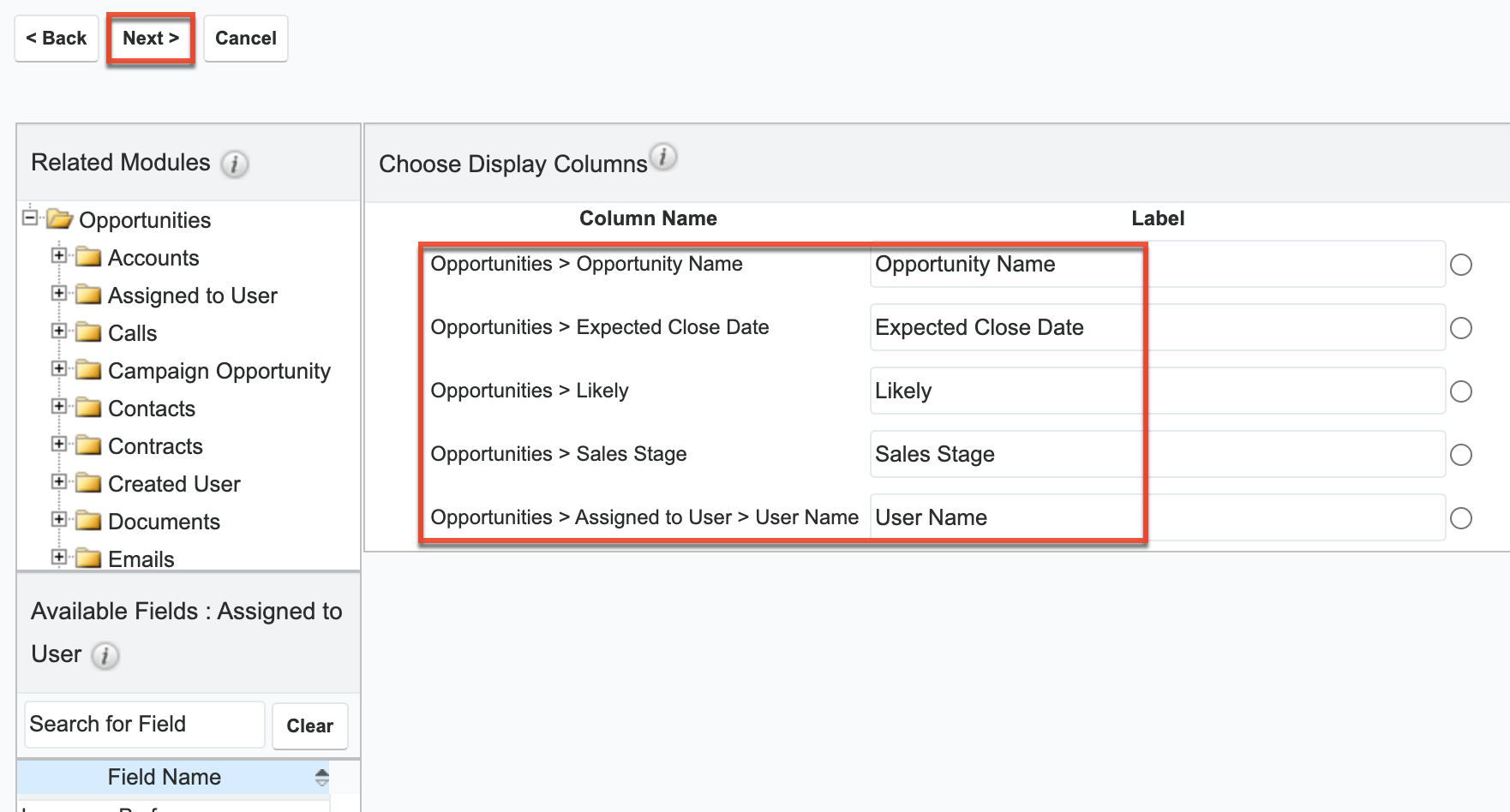 Choose Display Columns
