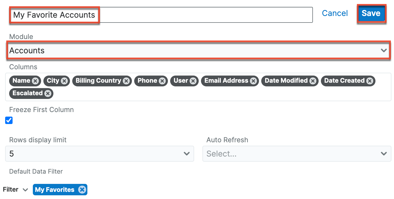 Configure List View dashlet
