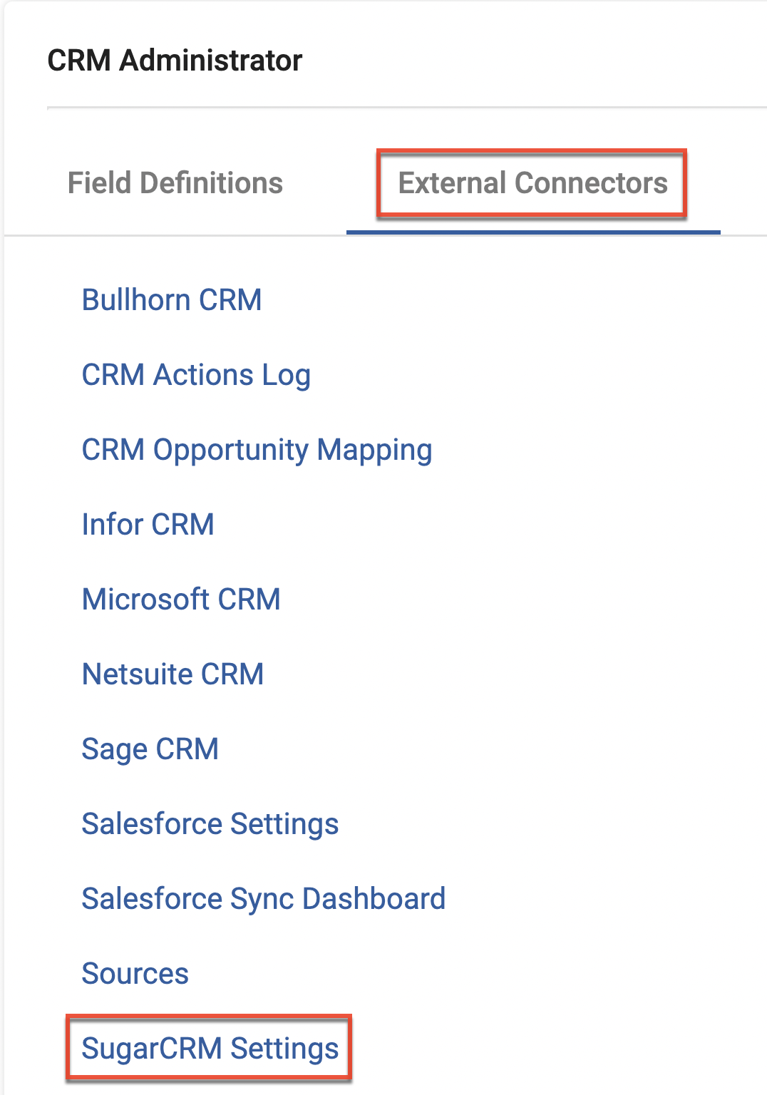 SM IG sugarcrm connector menu