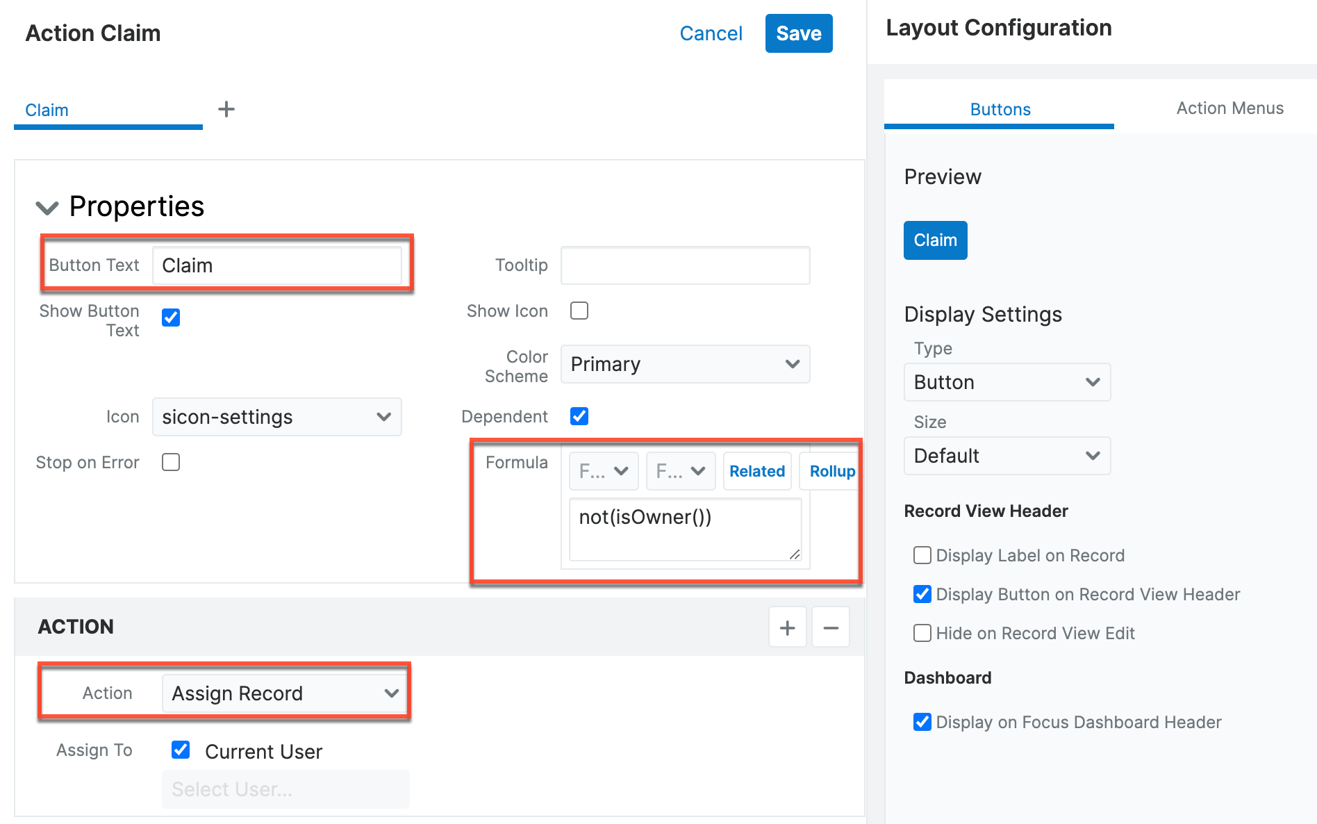 action button claim studio edit view