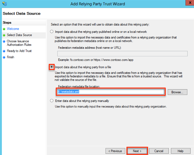 ADFS SelectDataSource ImportMetadataFile