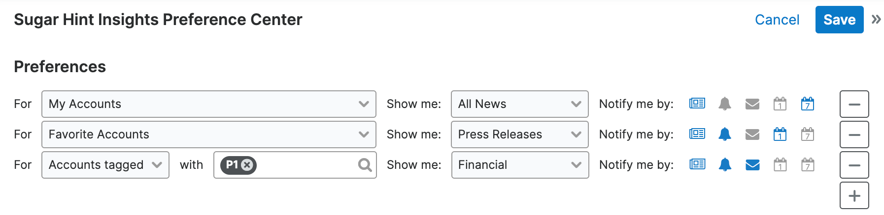 Hint notification preferences center