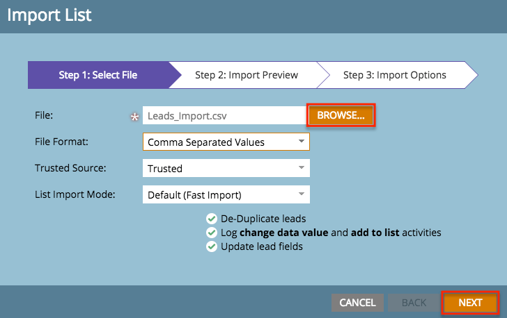 Marketo ImportList Window