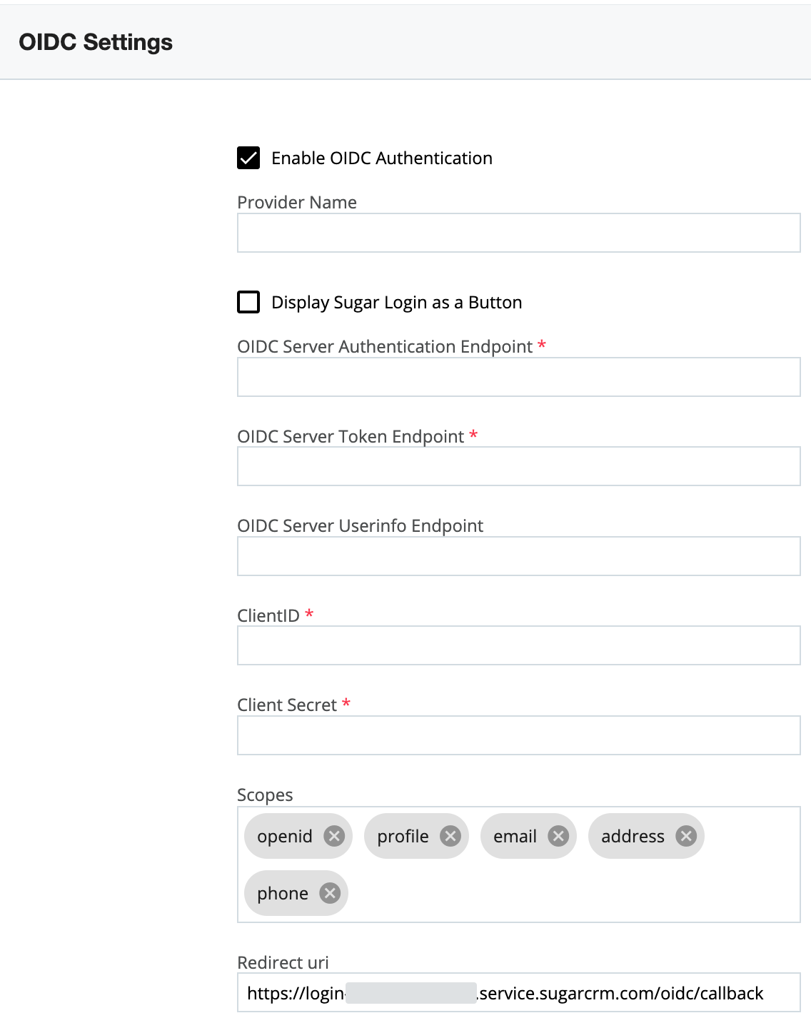 SugarIdentity OIDCSettings RedirectURI