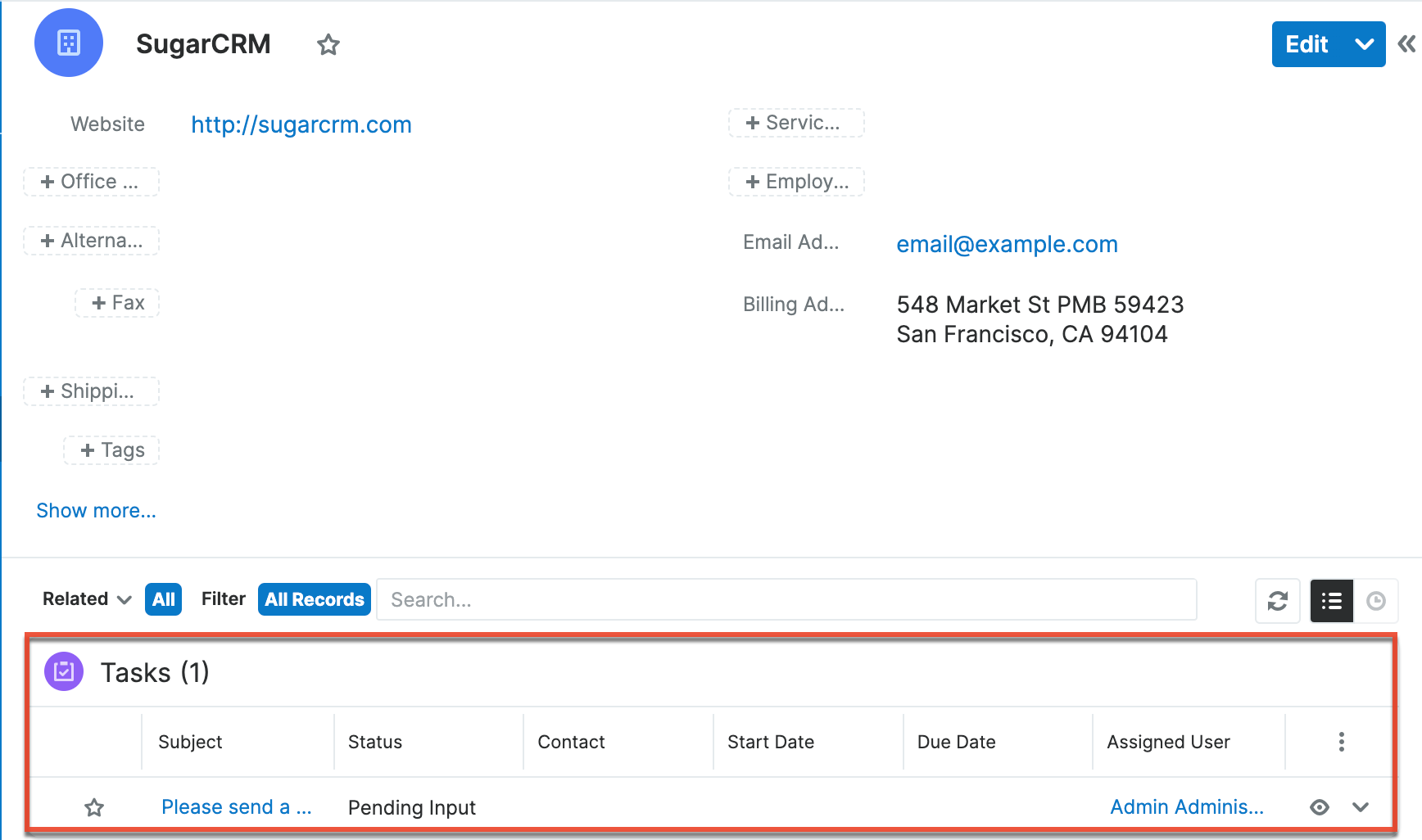 Tasks subpanel on a company record