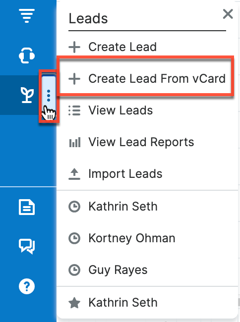 Leads LV ActionsMenu CreateLeadFromVCard