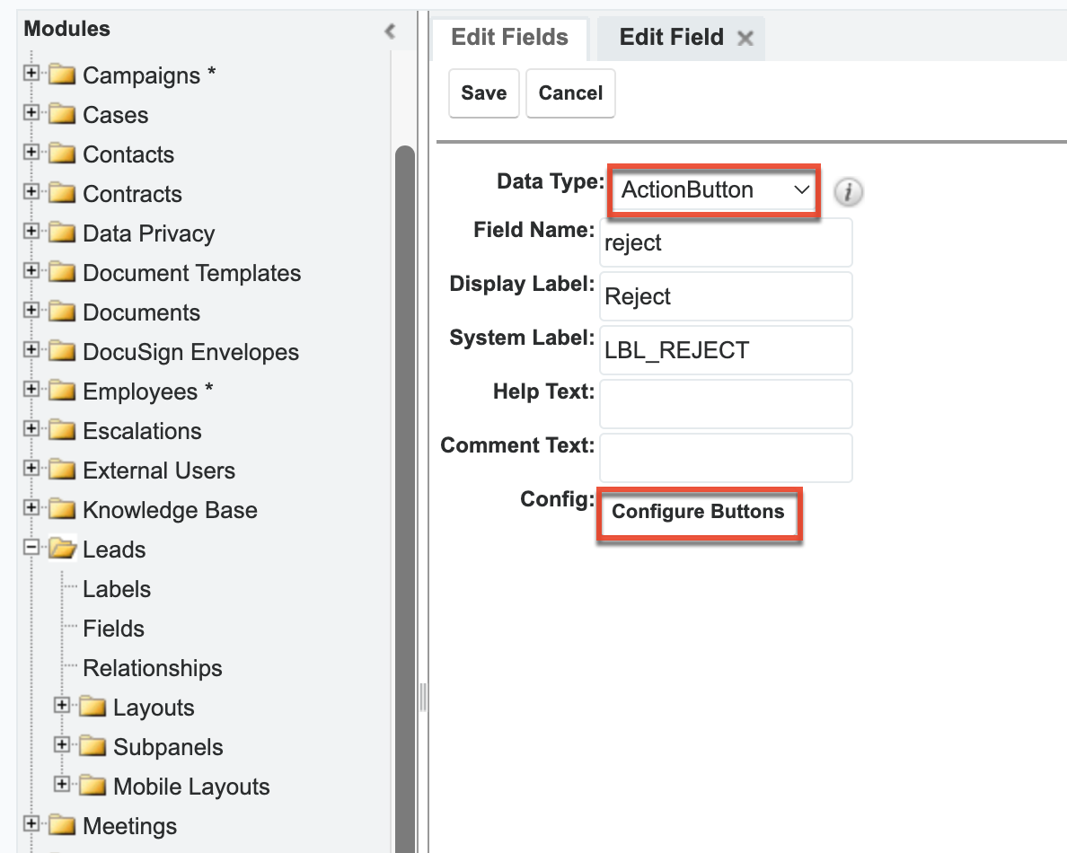 Configure the action button field