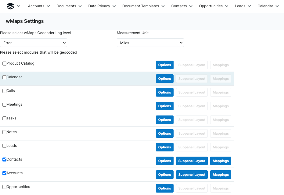 wMaps settings