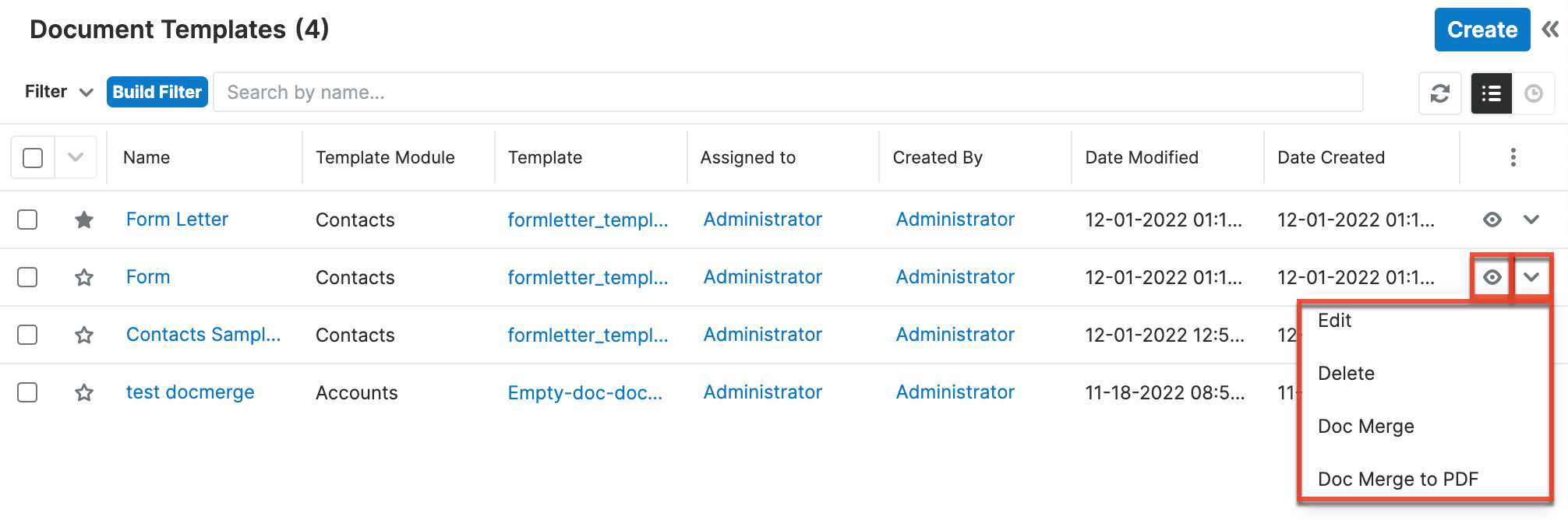 Document Templates list view record Actions menu