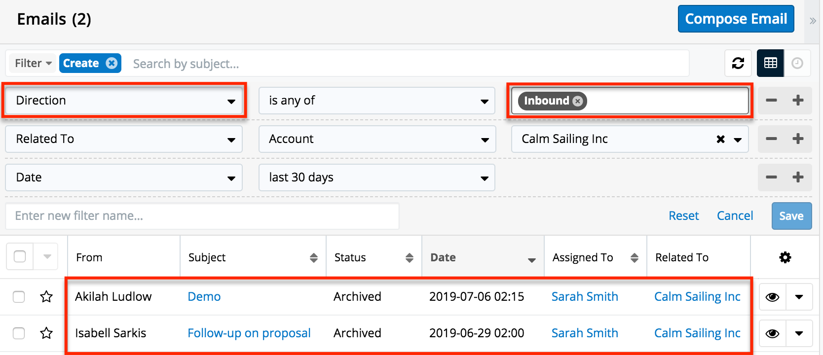 Emails Filter Direction
