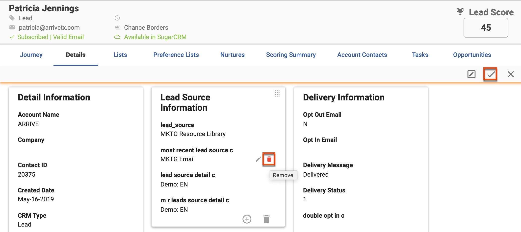 SM UG leads deletefield