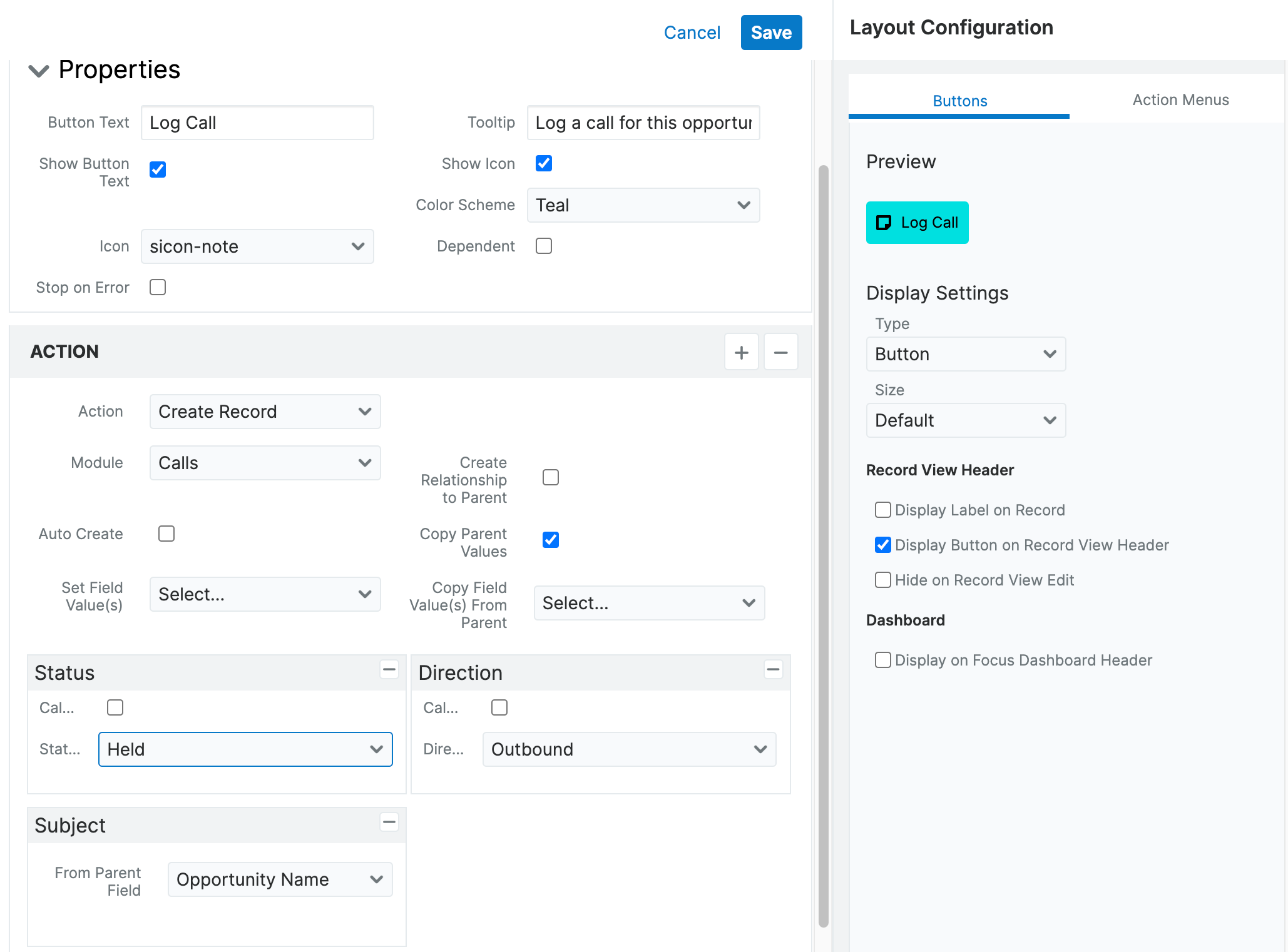 Log call configuration