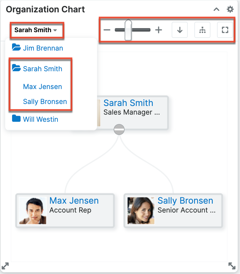 Organization chart dashlet controls