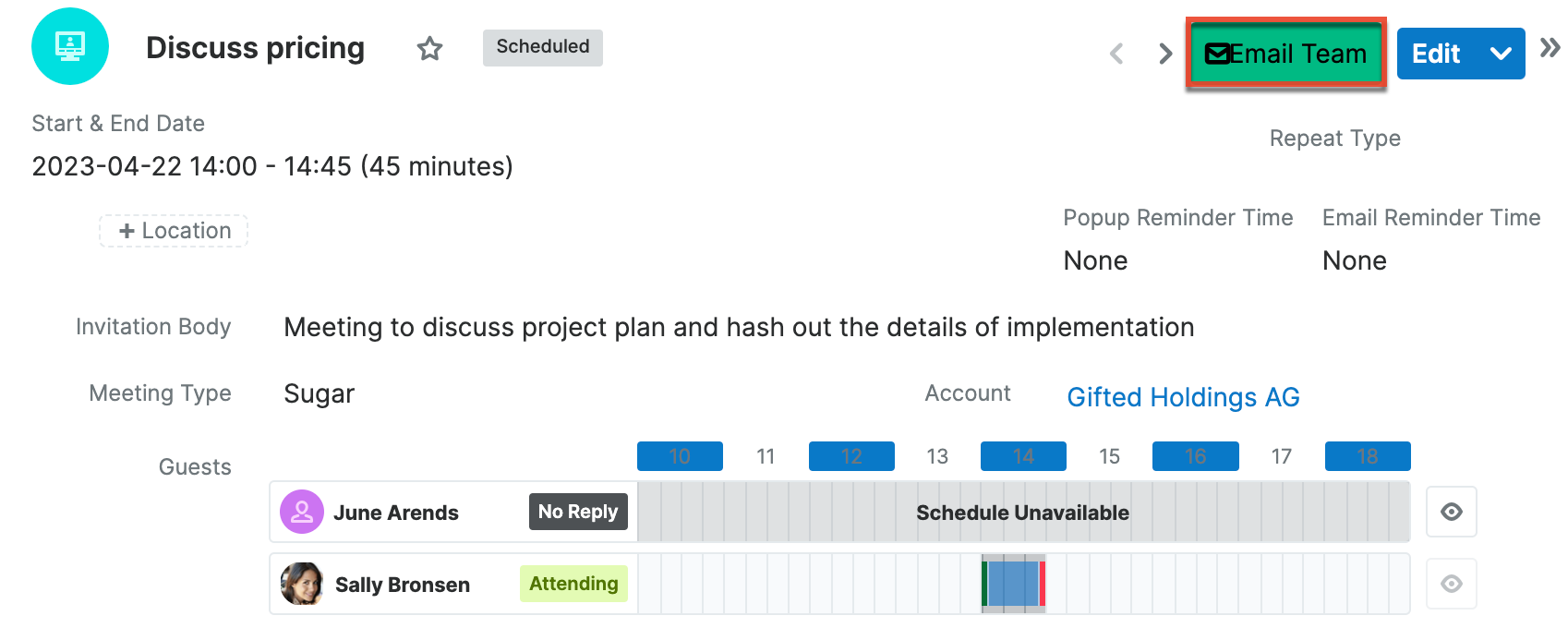 Email team button example