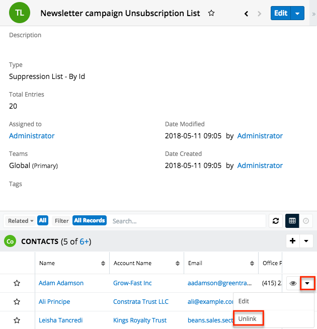 TargetList UnsubscriptionList UnlinkContact