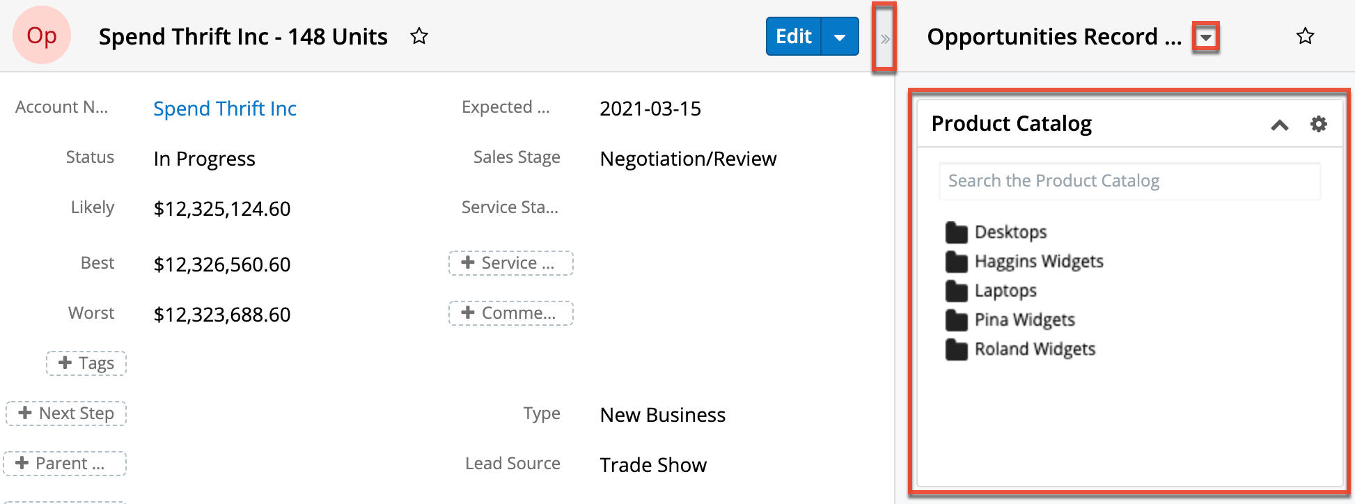 Opps ProductCatalogDashlet