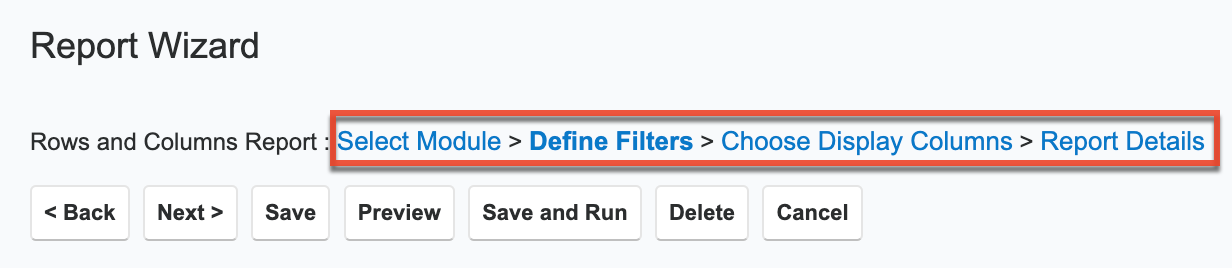 Report Wizard breadcrumbs