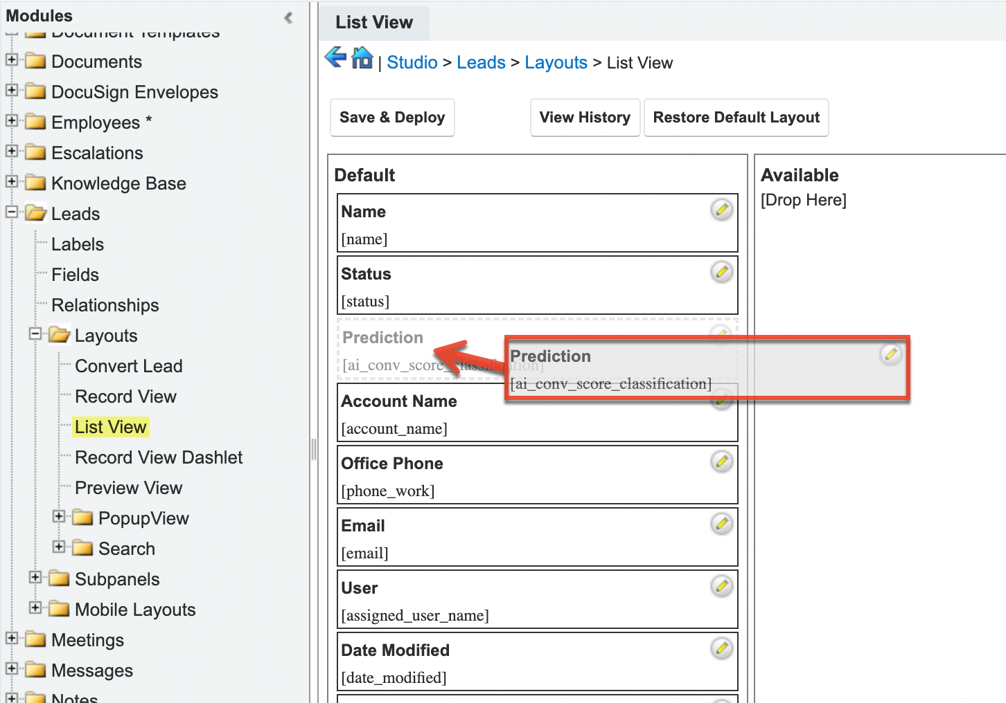 Prediction Sell core field list view