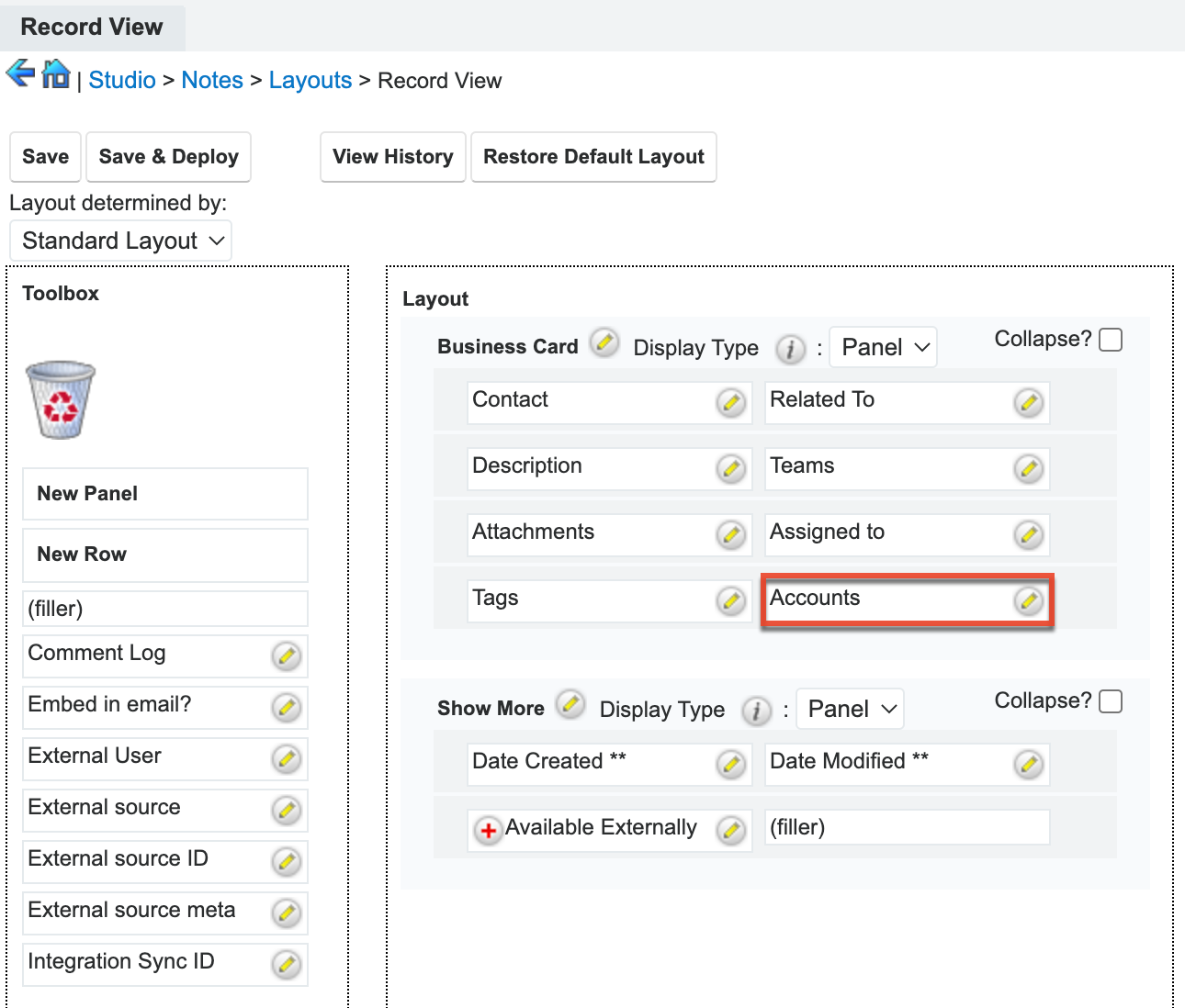 Accounts field on layout