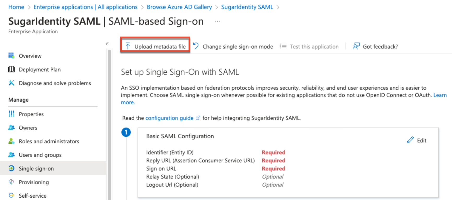 SSOWithAzureUsingSAML UploadMetadataFile