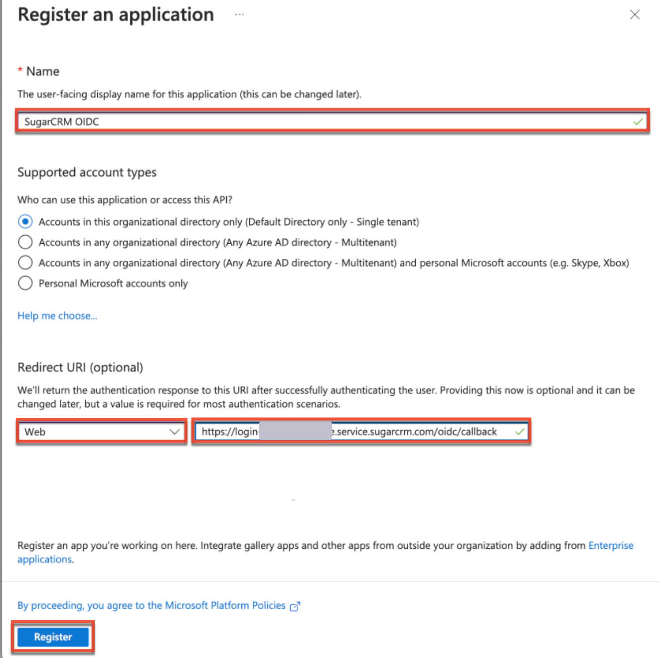 ConfiguringSSOWithAzureUsingOIDC RegisterApplication Fields